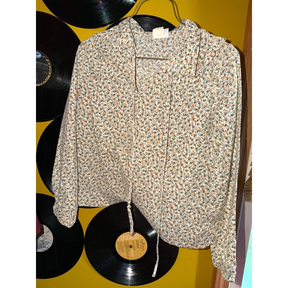 Vintage Sears Roebuck Girls Floral Blouse Peter Pan Collar Ruffle Tie Neck 12